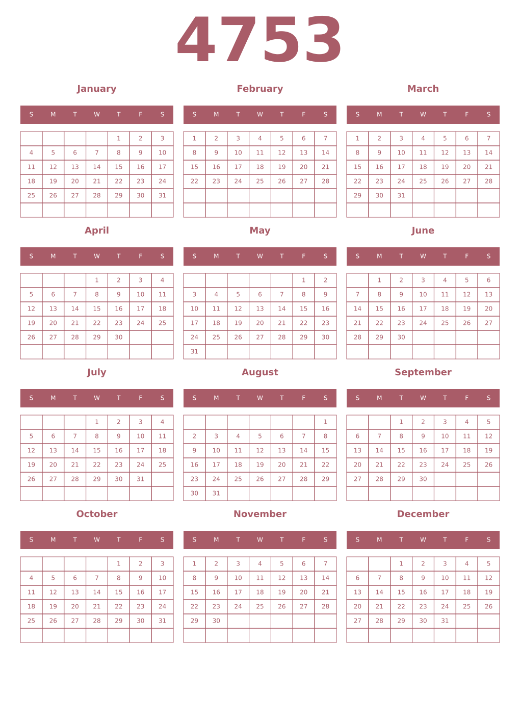 Printable 4753 Year Calendars puce