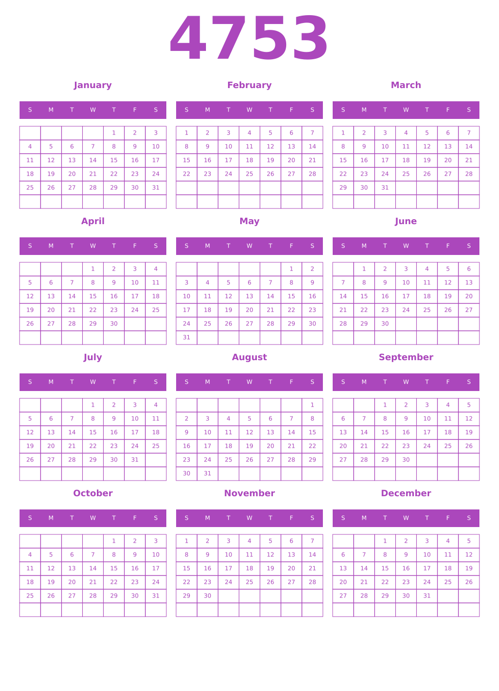 Printable 4753 Year Calendars purple