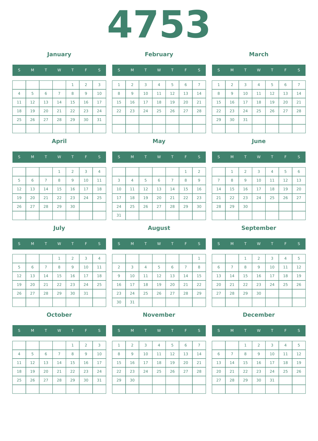 Printable 4753 Year Calendars viridian