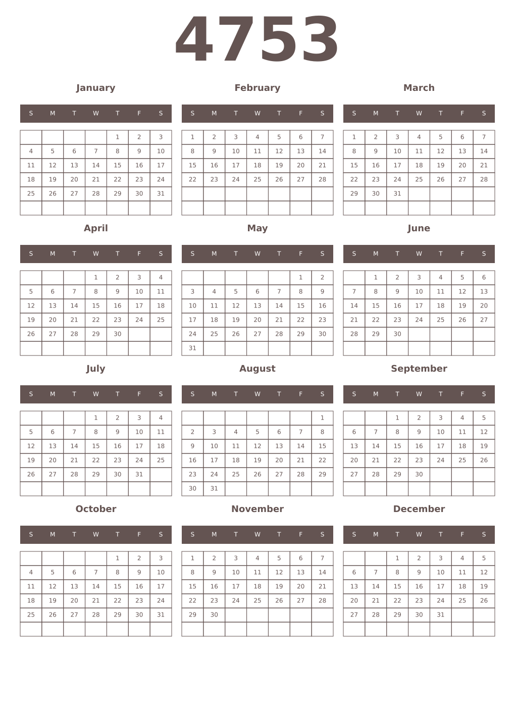 Printable 4753 Year Calendars wenge