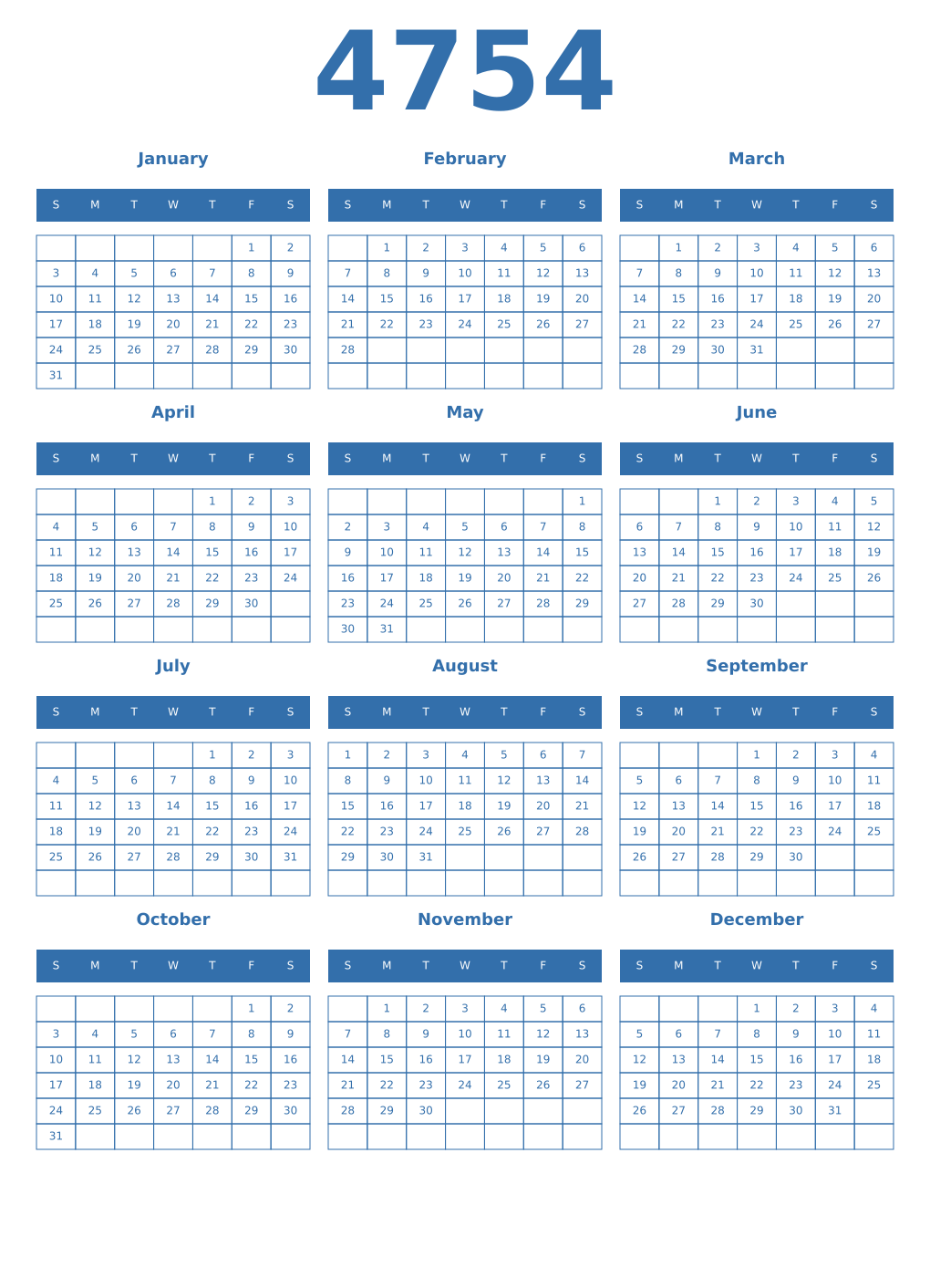 Printable 4754 Year Calendars blue