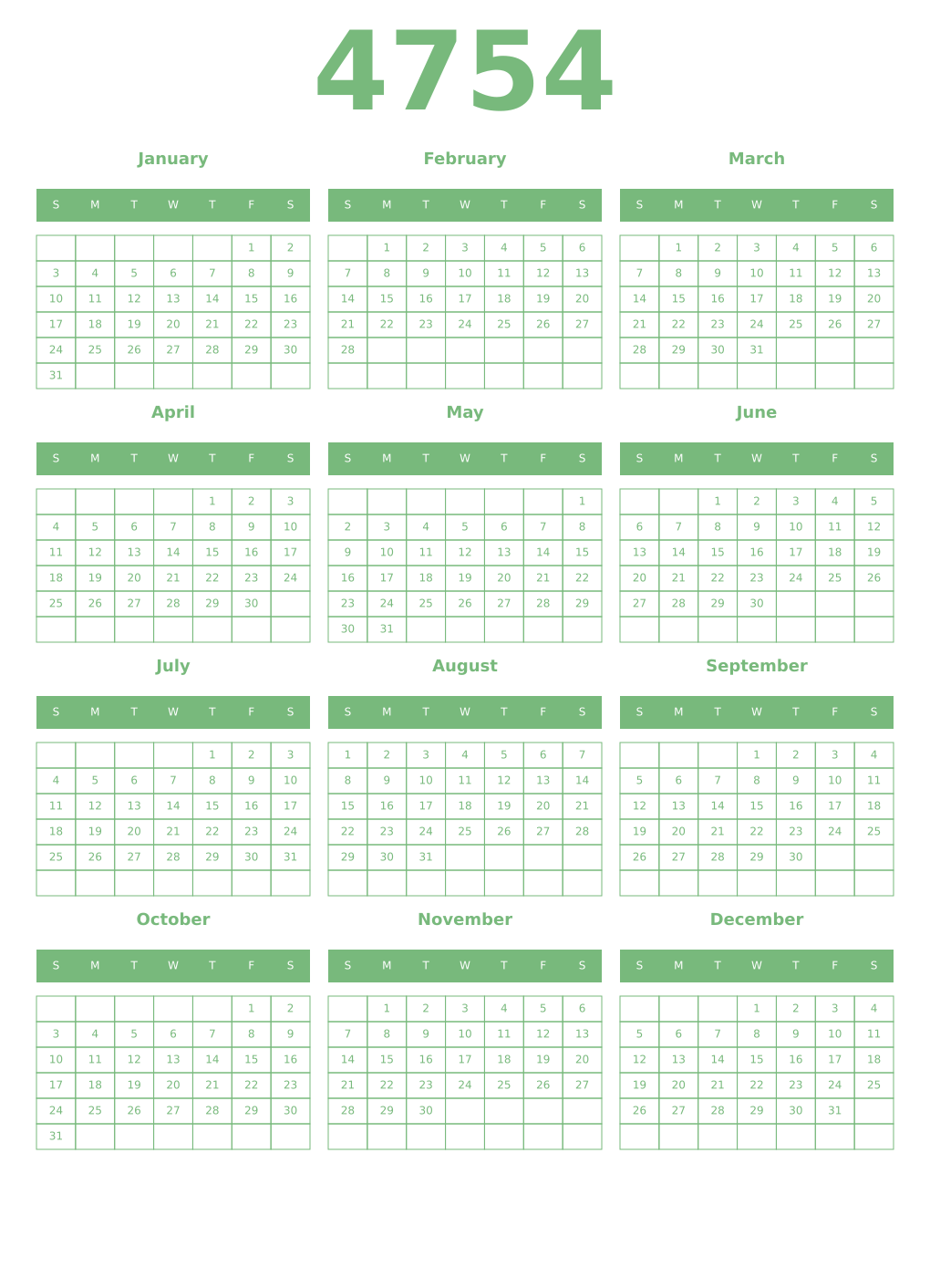Printable 4754 Year Calendars celadon