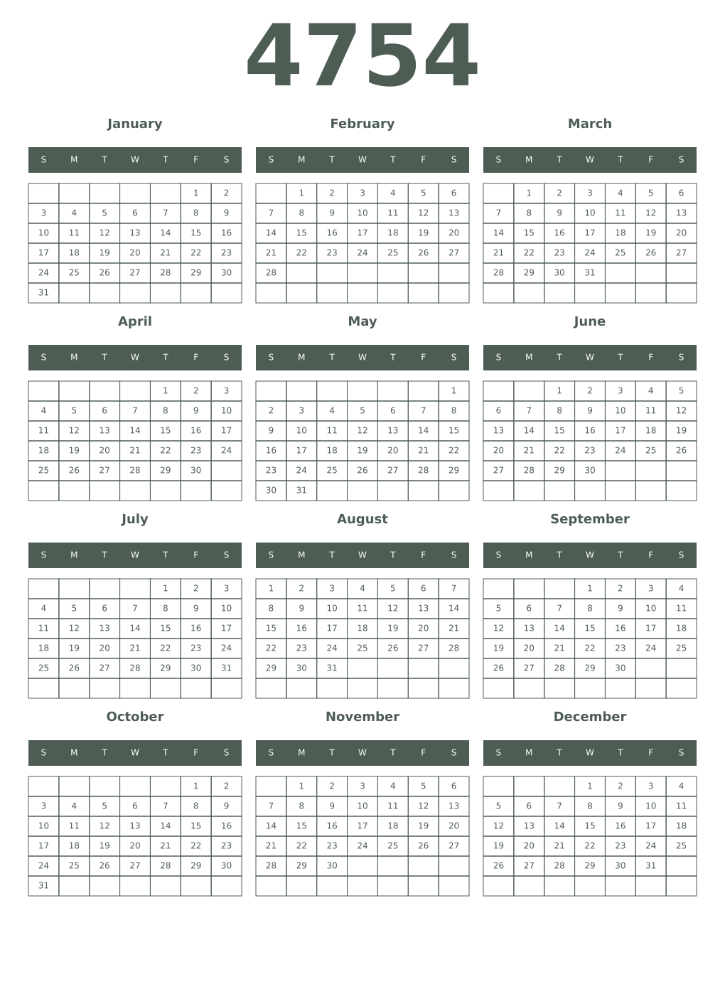 Printable 4754 Year Calendars feldgrau