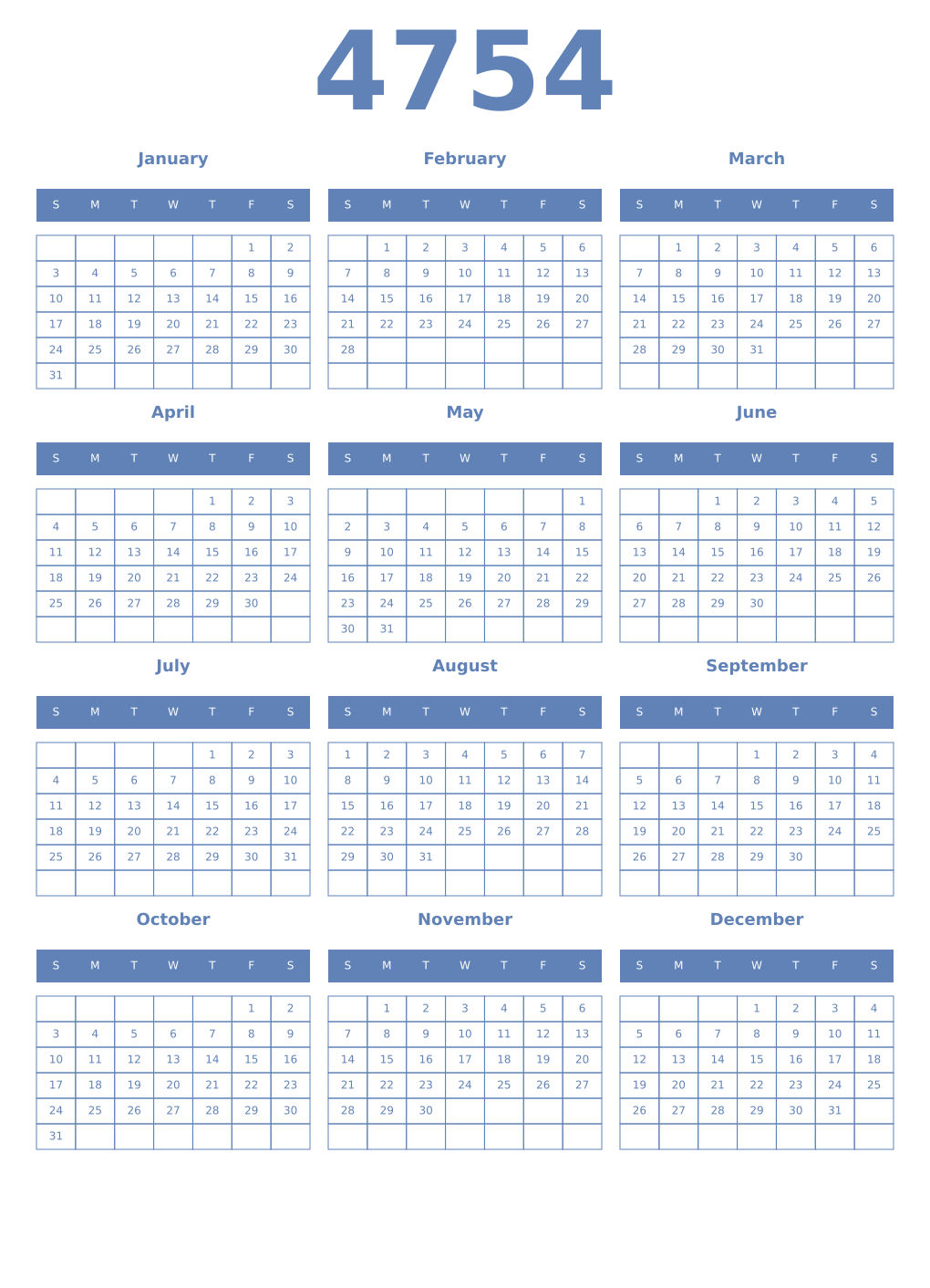 Printable 4754 Year Calendars glaucous
