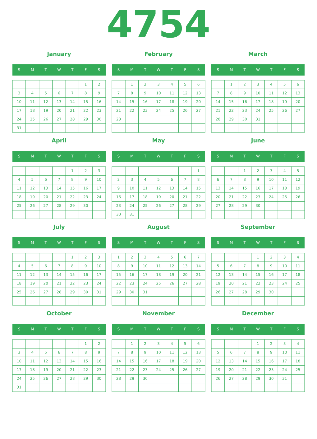 Printable 4754 Year Calendars green