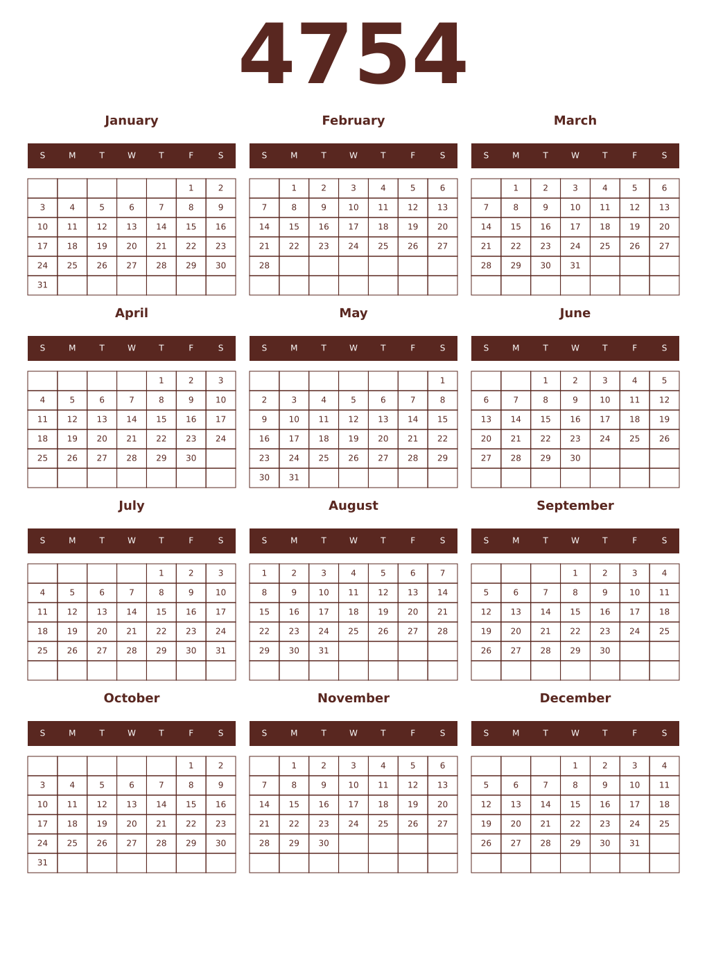 Printable 4754 Year Calendars mortuum