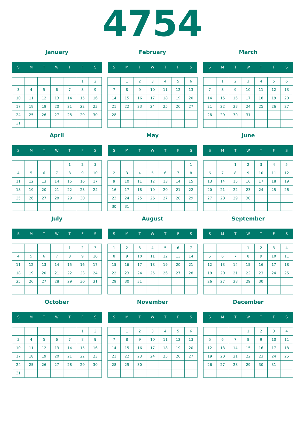 Printable 4754 Year Calendars pastel