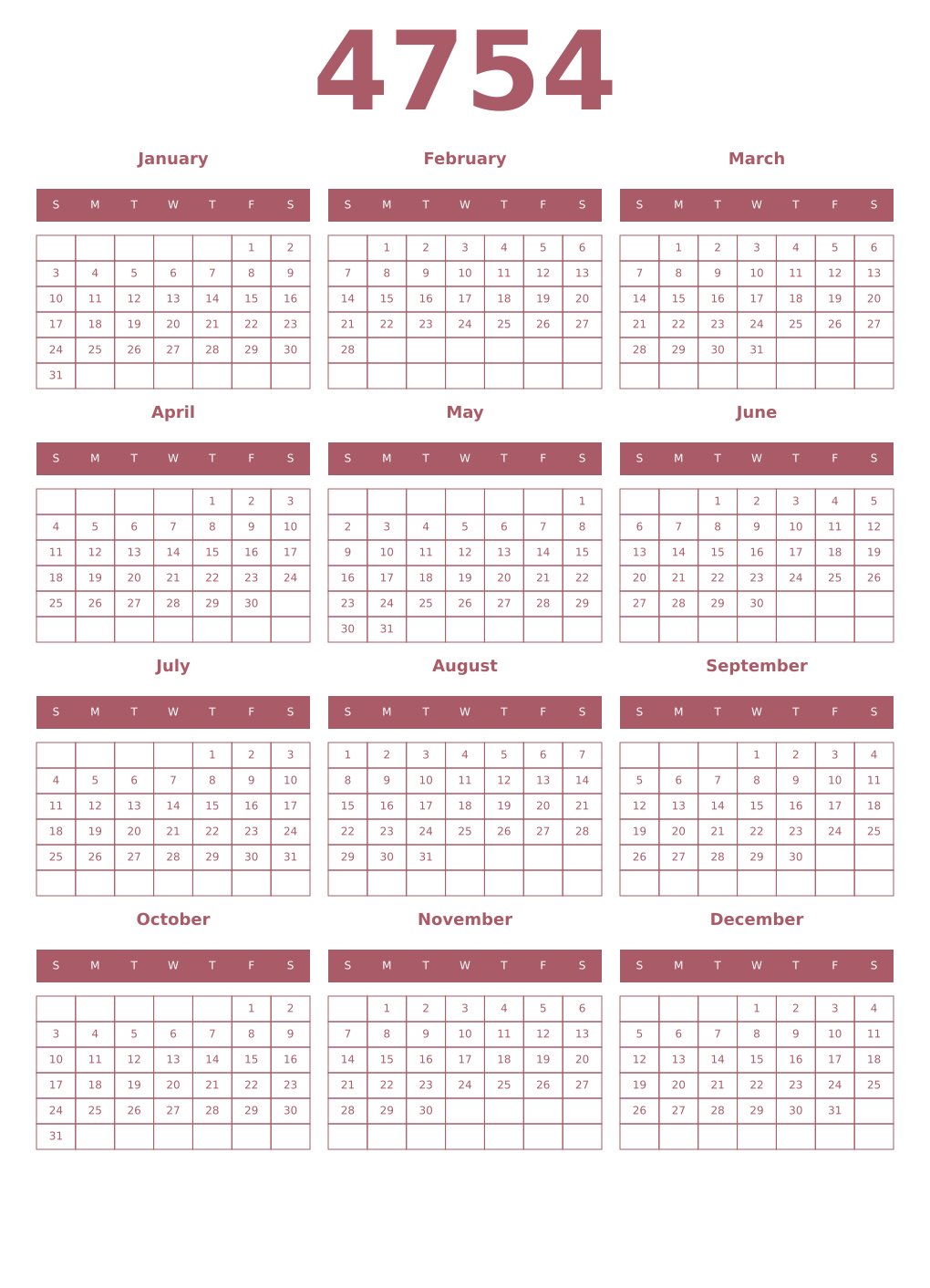 Printable 4754 Year Calendars puce