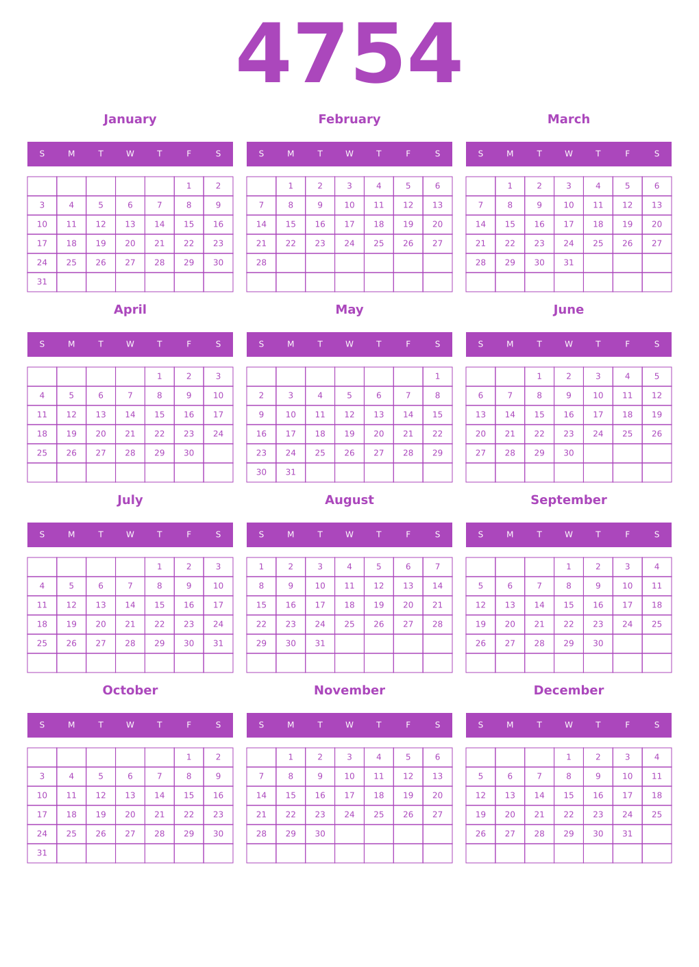 Printable 4754 Year Calendars purple