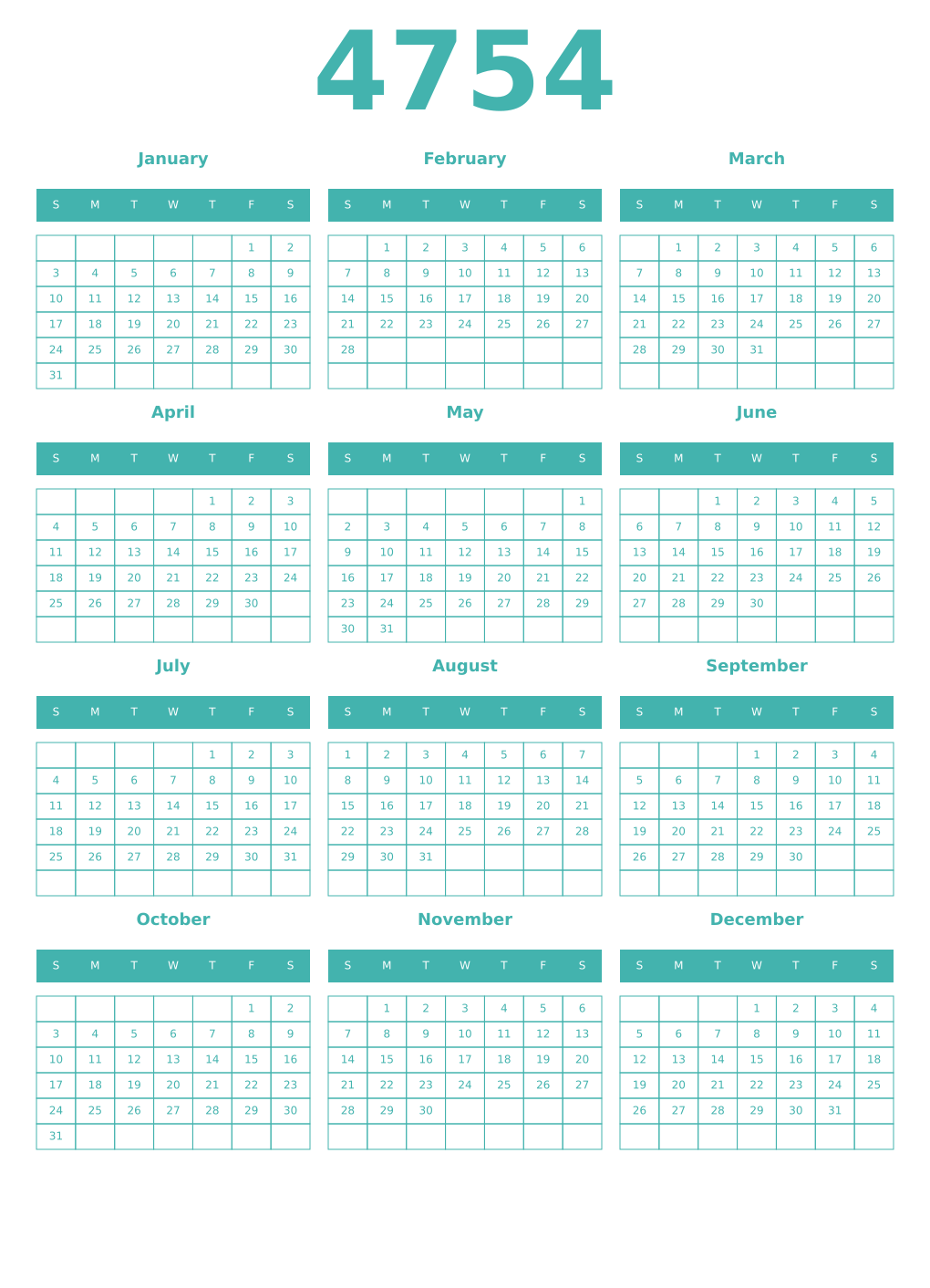 Printable 4754 Year Calendars verdigris