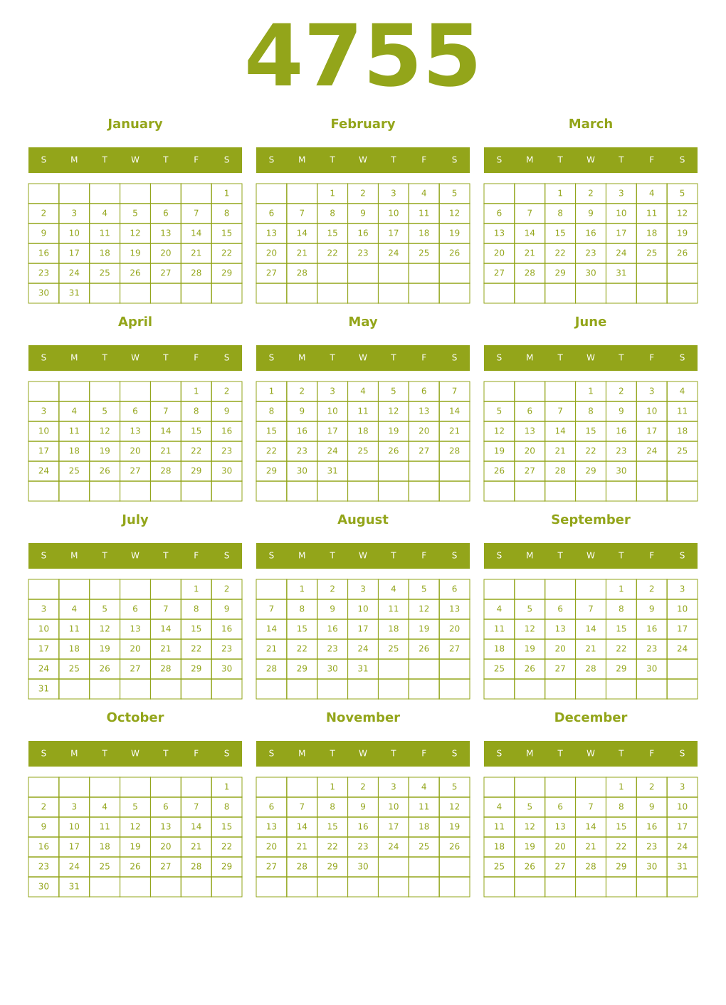 Printable 4755 Year Calendars chartreuse