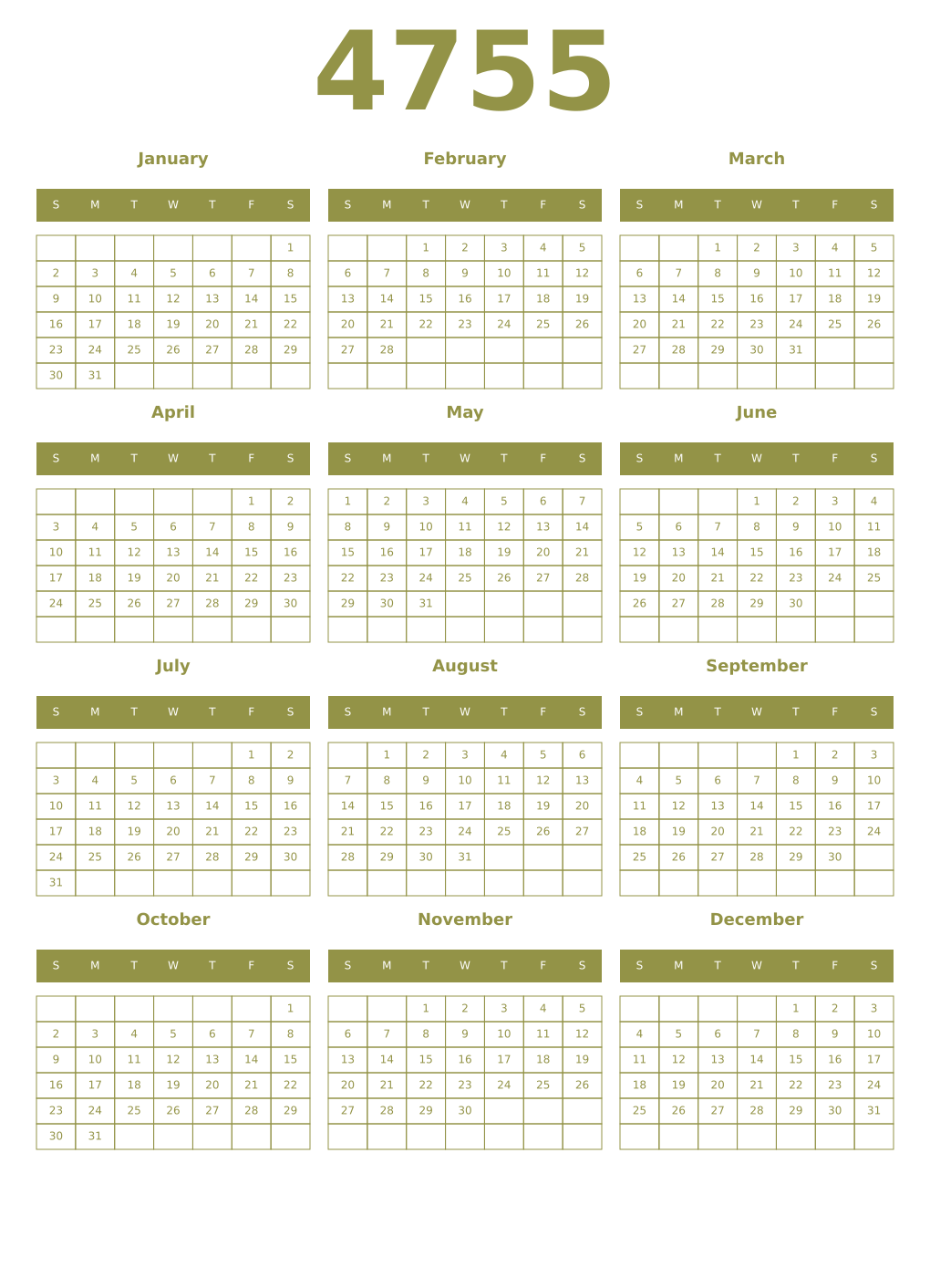 Printable 4755 Year Calendars eburnean