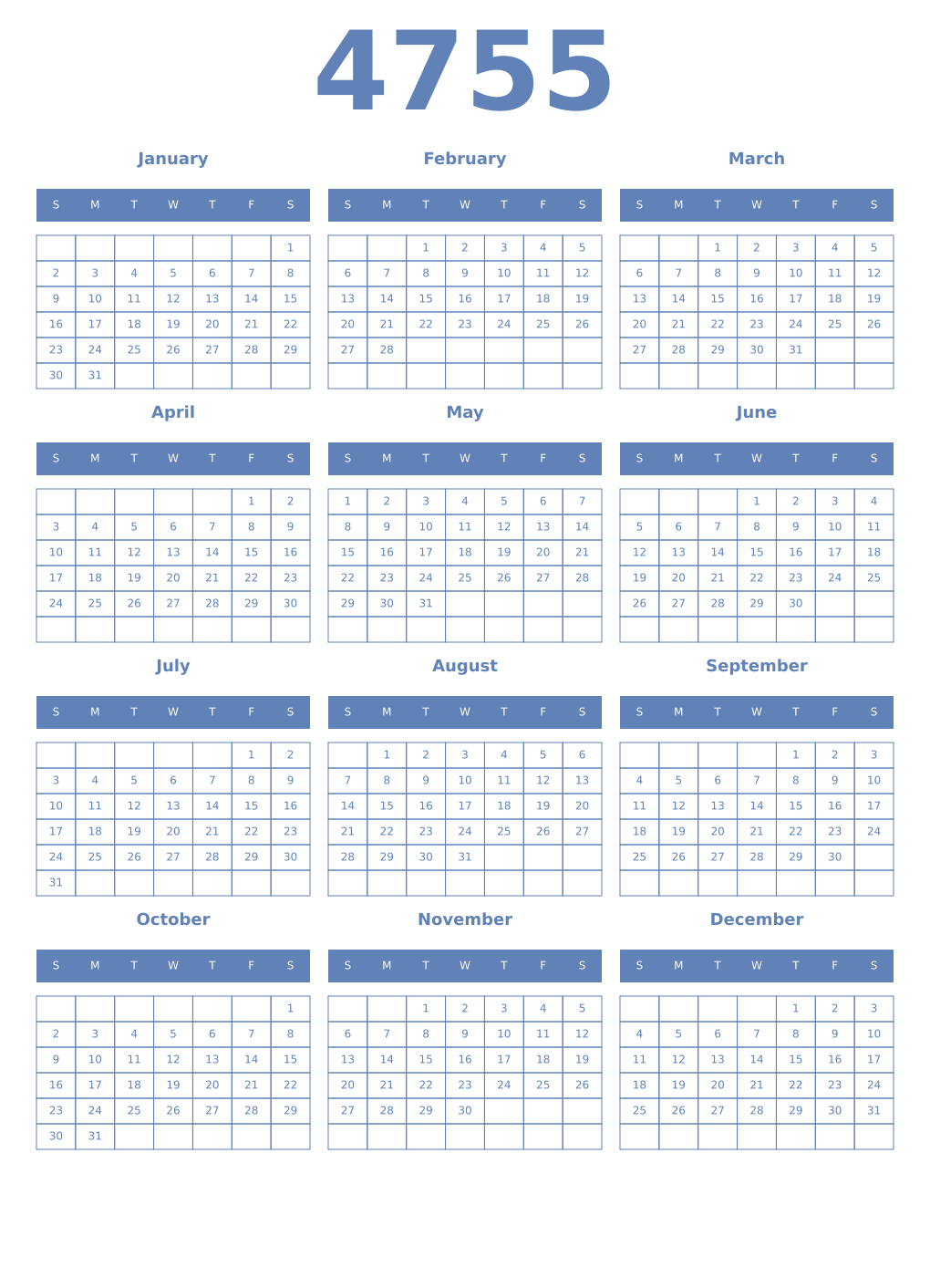 Printable 4755 Year Calendars glaucous