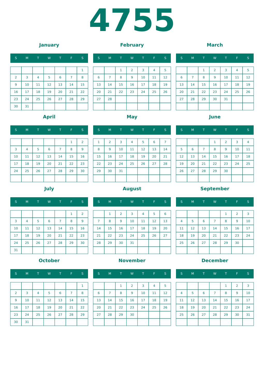 Printable 4755 Year Calendars pastel