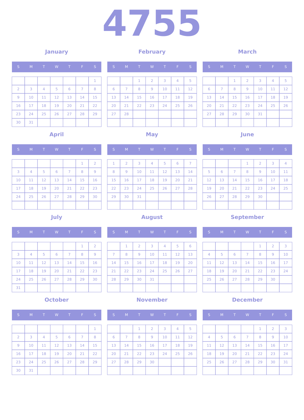 Printable 4755 Year Calendars periwinkle