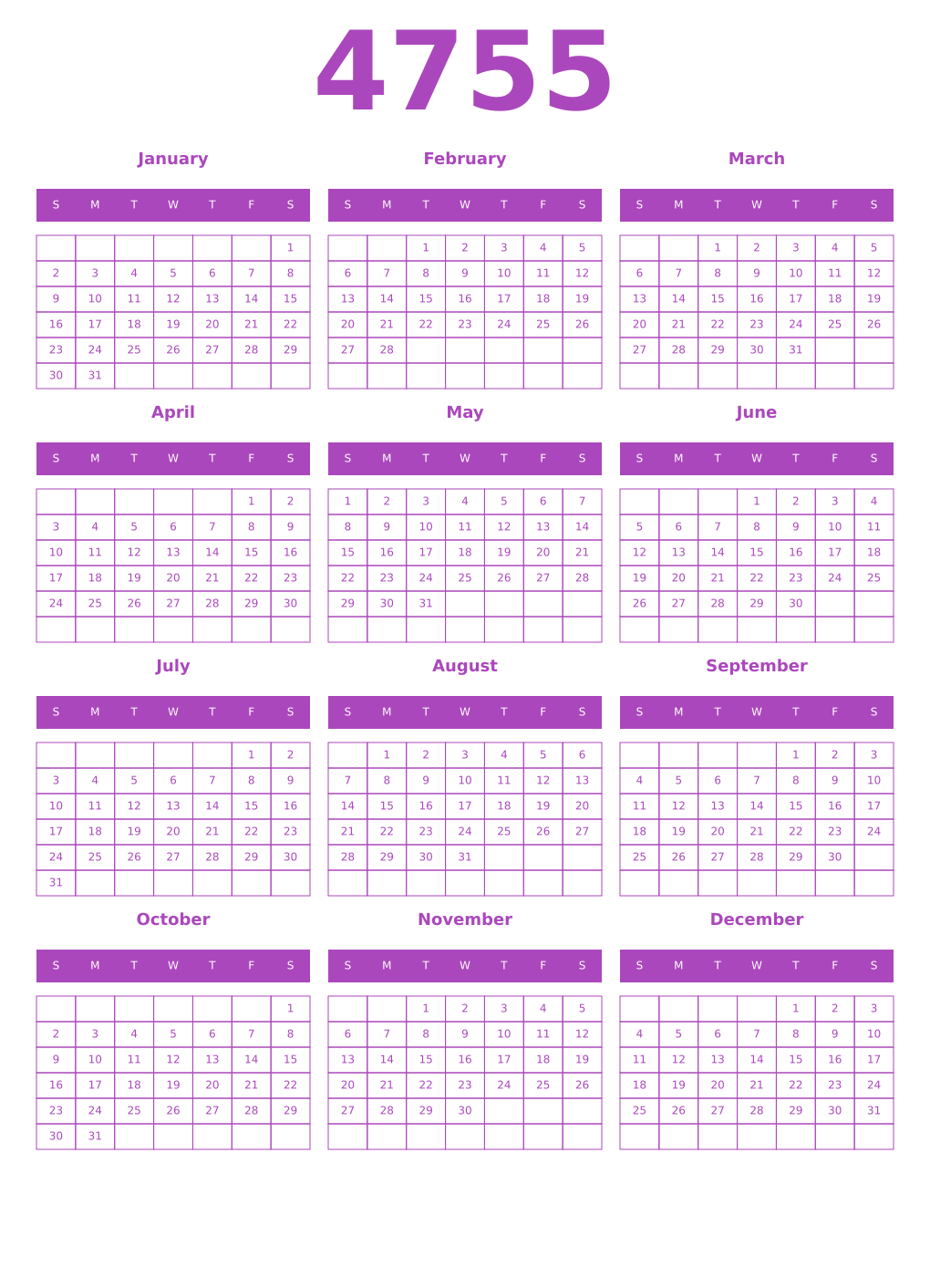 Printable 4755 Year Calendars purple