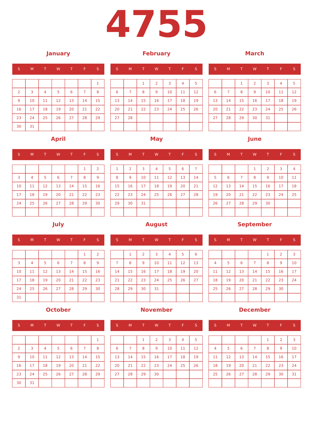 Printable 4755 Year Calendars red