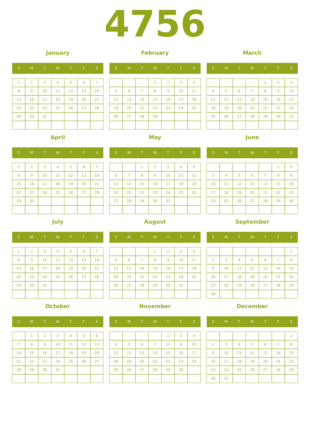 Printable 4756 Year Calendars chartreuse