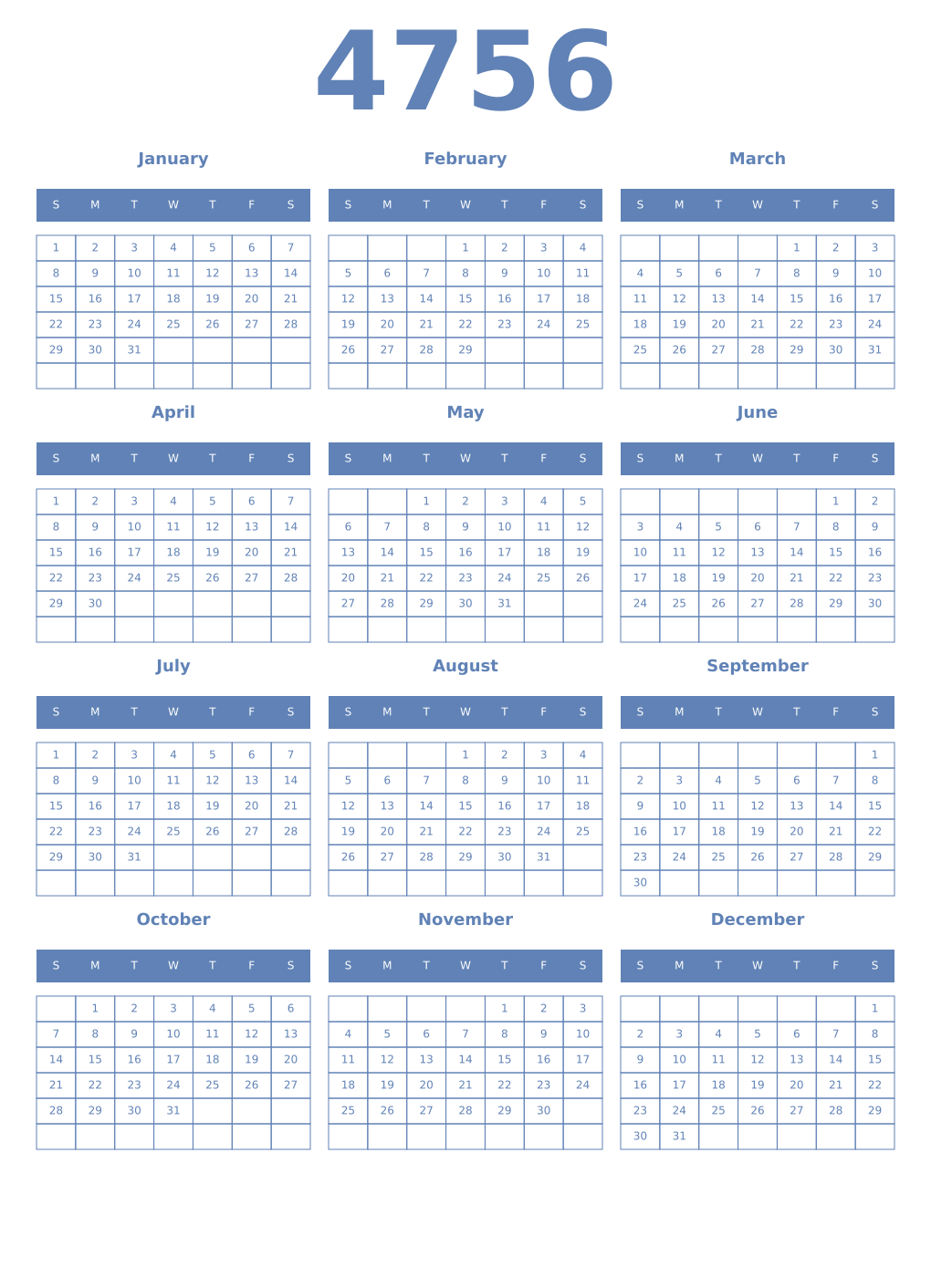 Printable 4756 Year Calendars glaucous