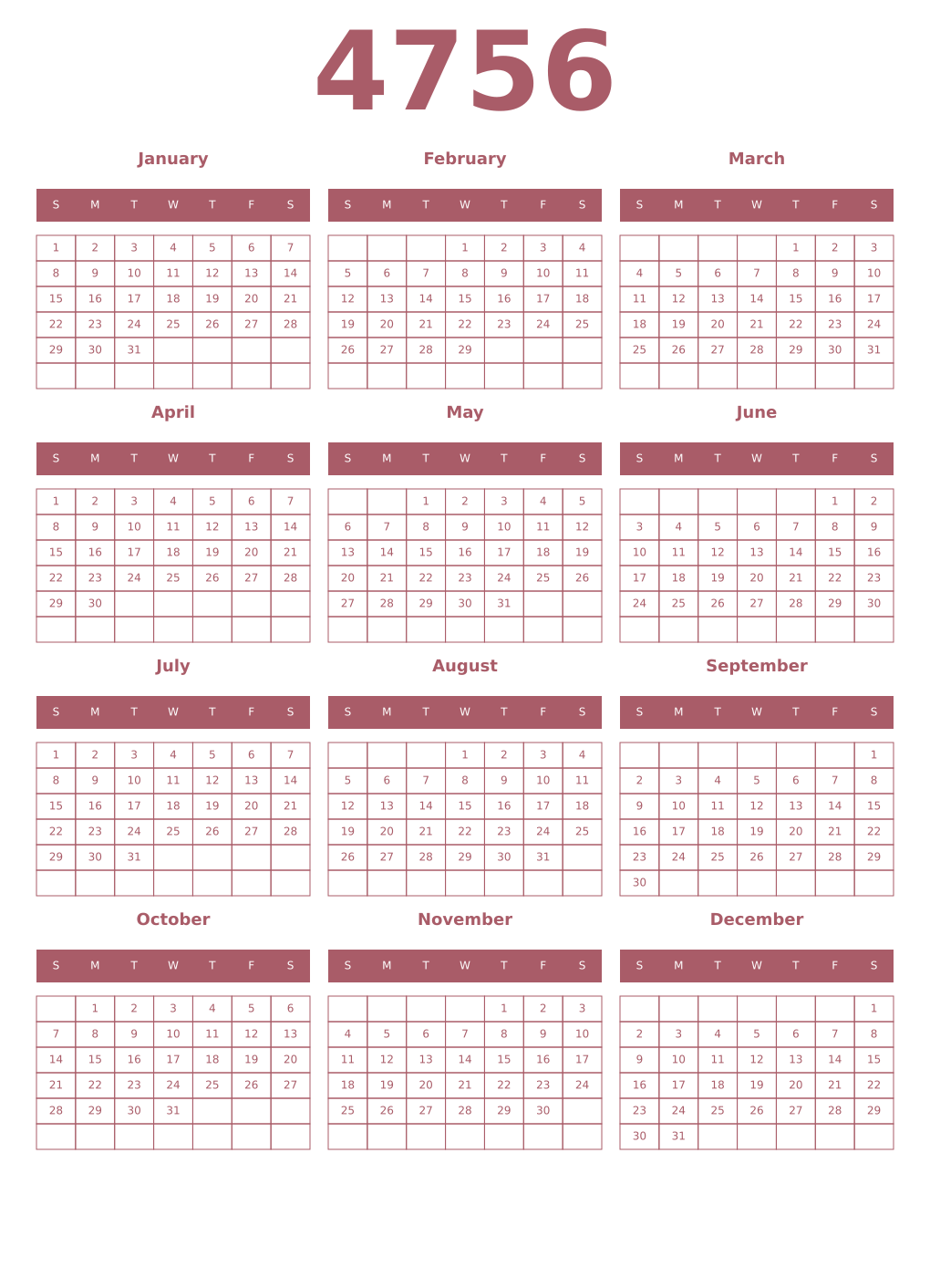 Printable 4756 Year Calendars puce