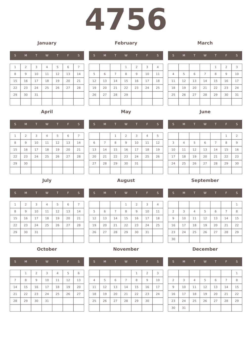 Printable 4756 Year Calendars wenge