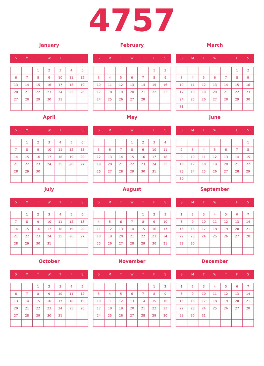 Printable 4757 Year Calendars amaranth