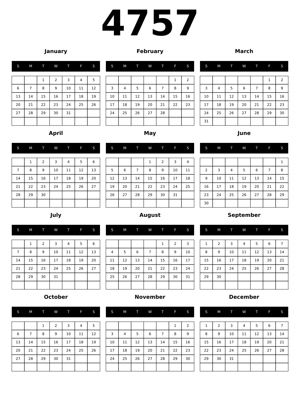 Printable 4757 Year Calendars black