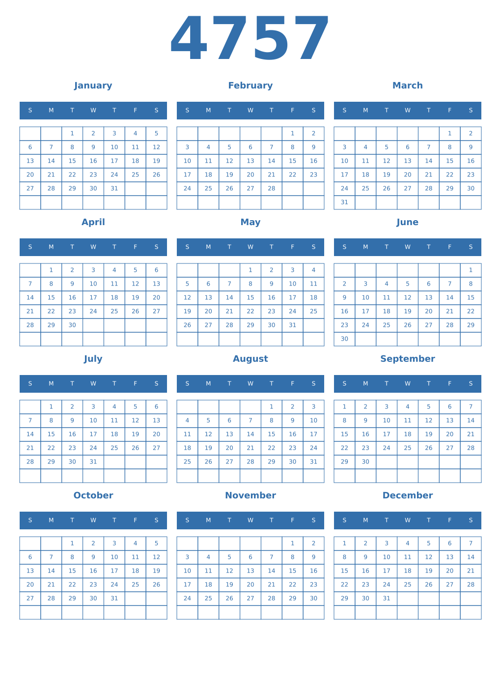 Printable 4757 Year Calendars blue