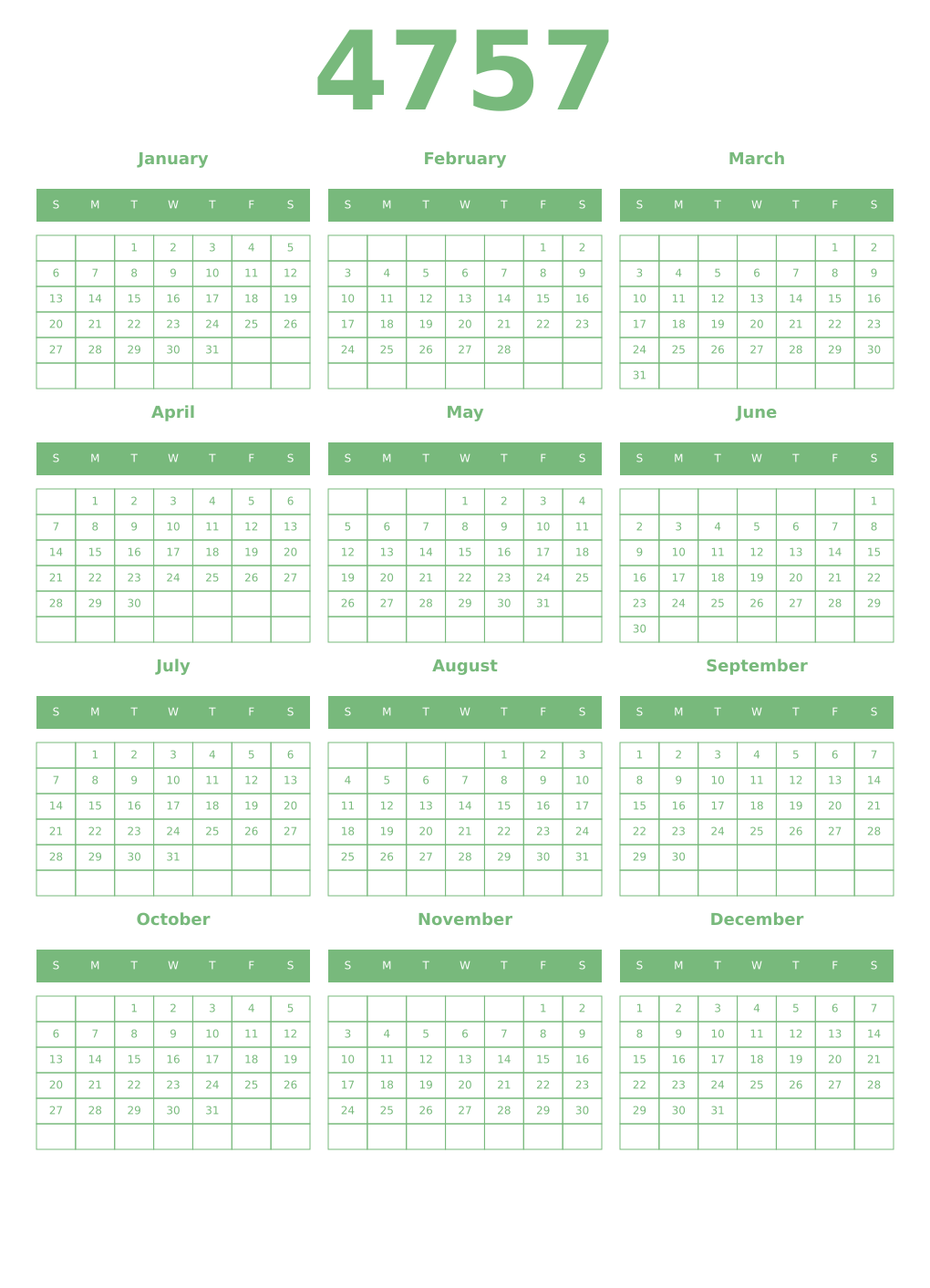 Printable 4757 Year Calendars celadon