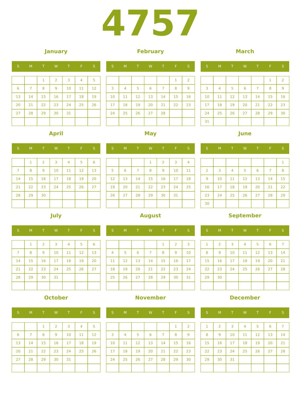 Printable 4757 Year Calendars chartreuse