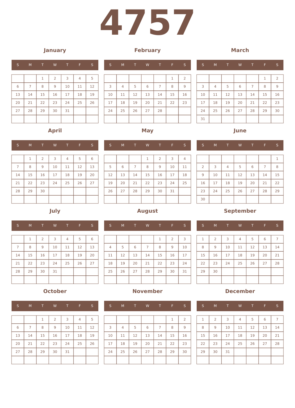 Printable 4757 Year Calendars coffe
