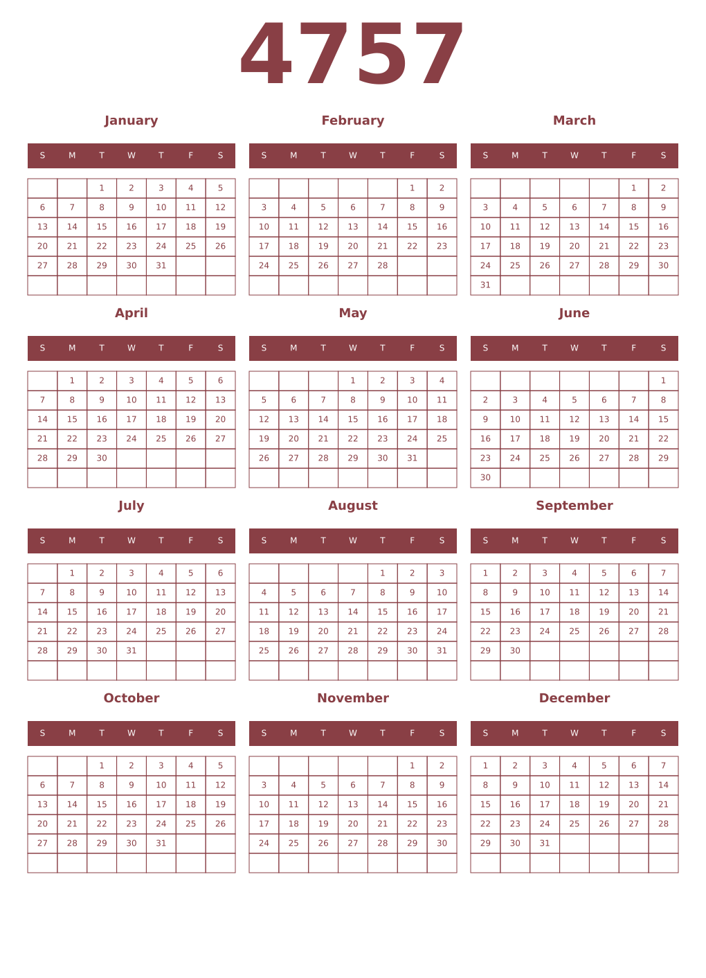 Printable 4757 Year Calendars cordovan