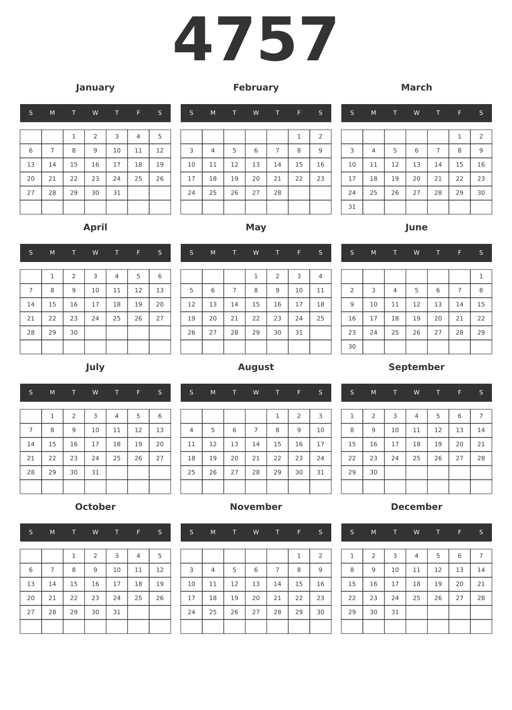 Printable 4757 Year Calendars dark