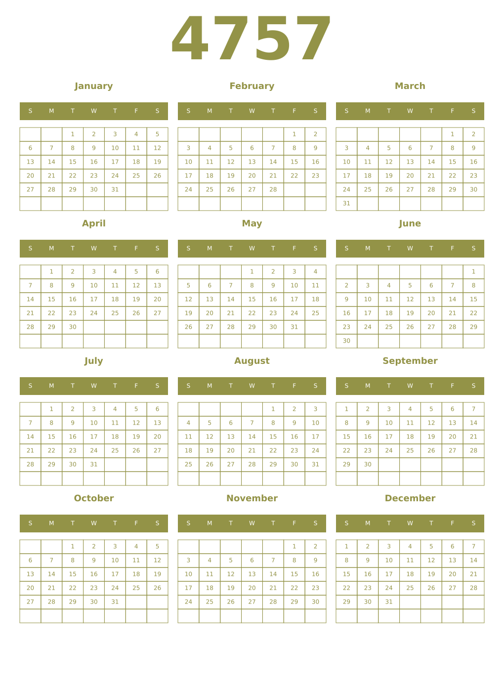 Printable 4757 Year Calendars eburnean