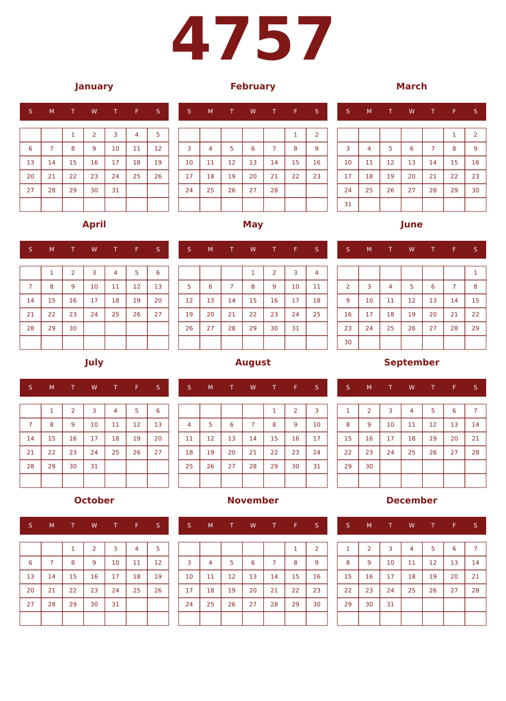 Printable 4757 Year Calendars falu