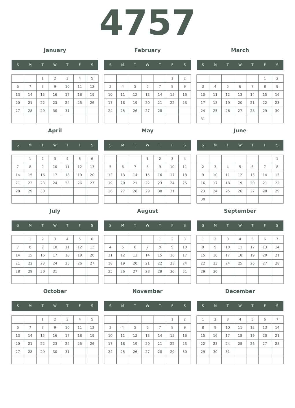 Printable 4757 Year Calendars feldgrau