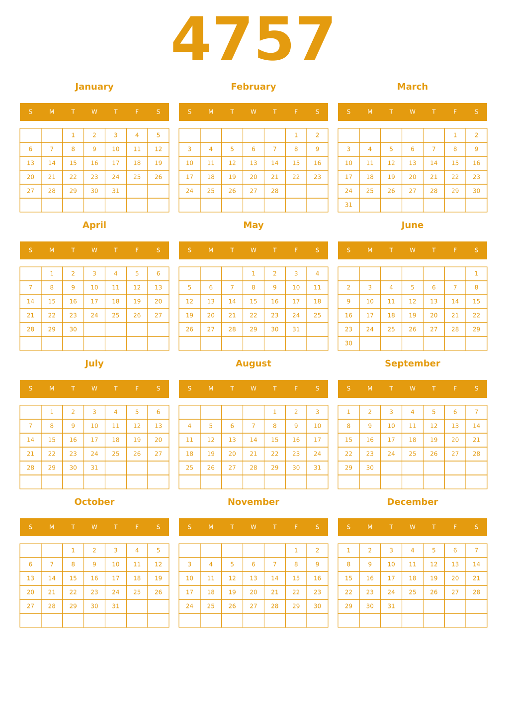 Printable 4757 Year Calendars gamboge