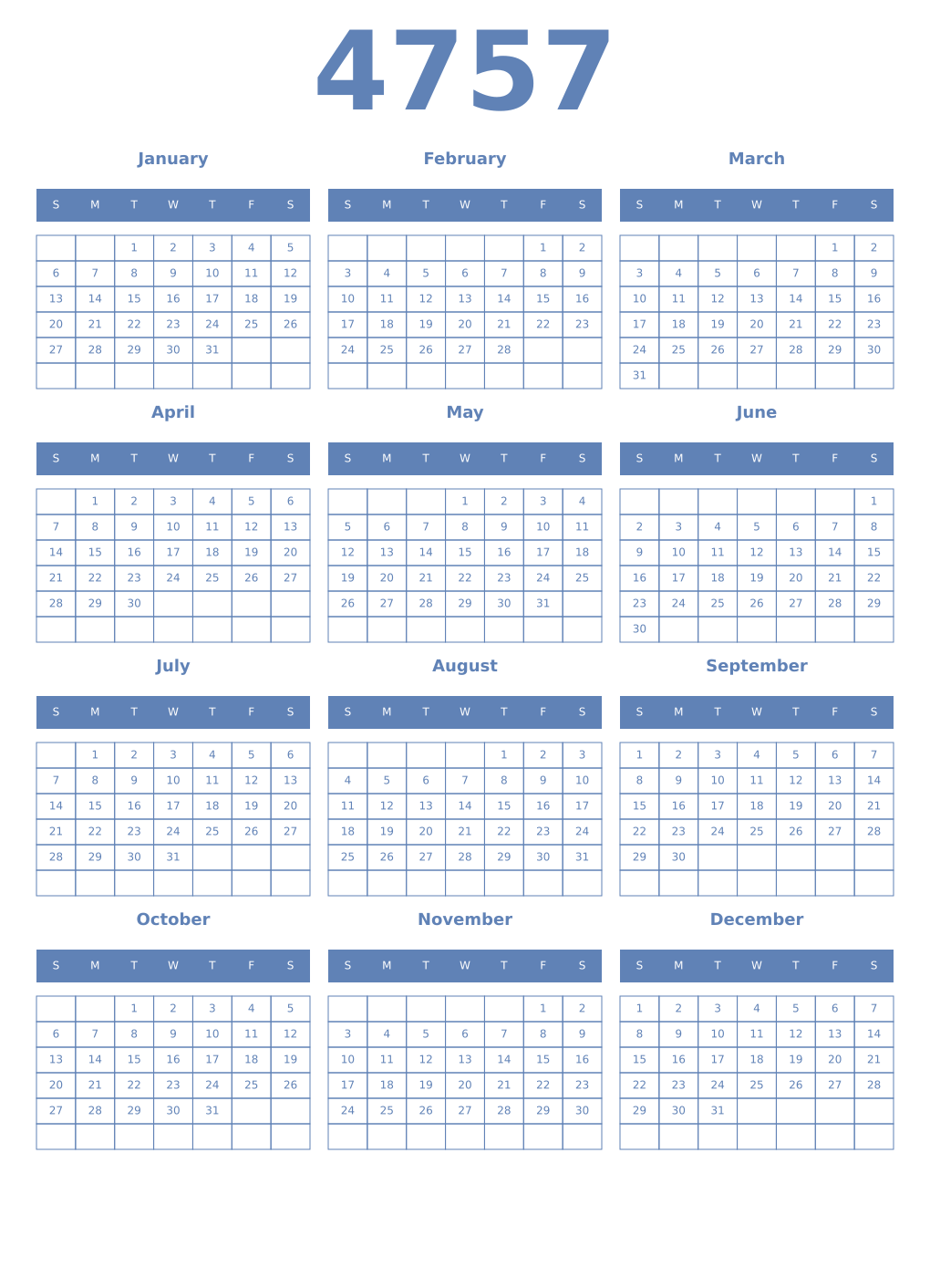 Printable 4757 Year Calendars glaucous