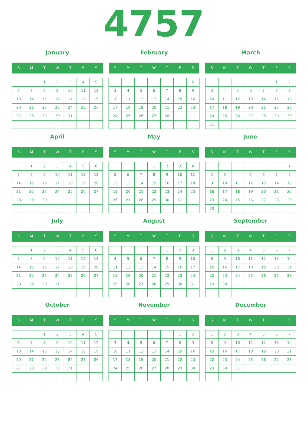 Printable 4757 Year Calendars green