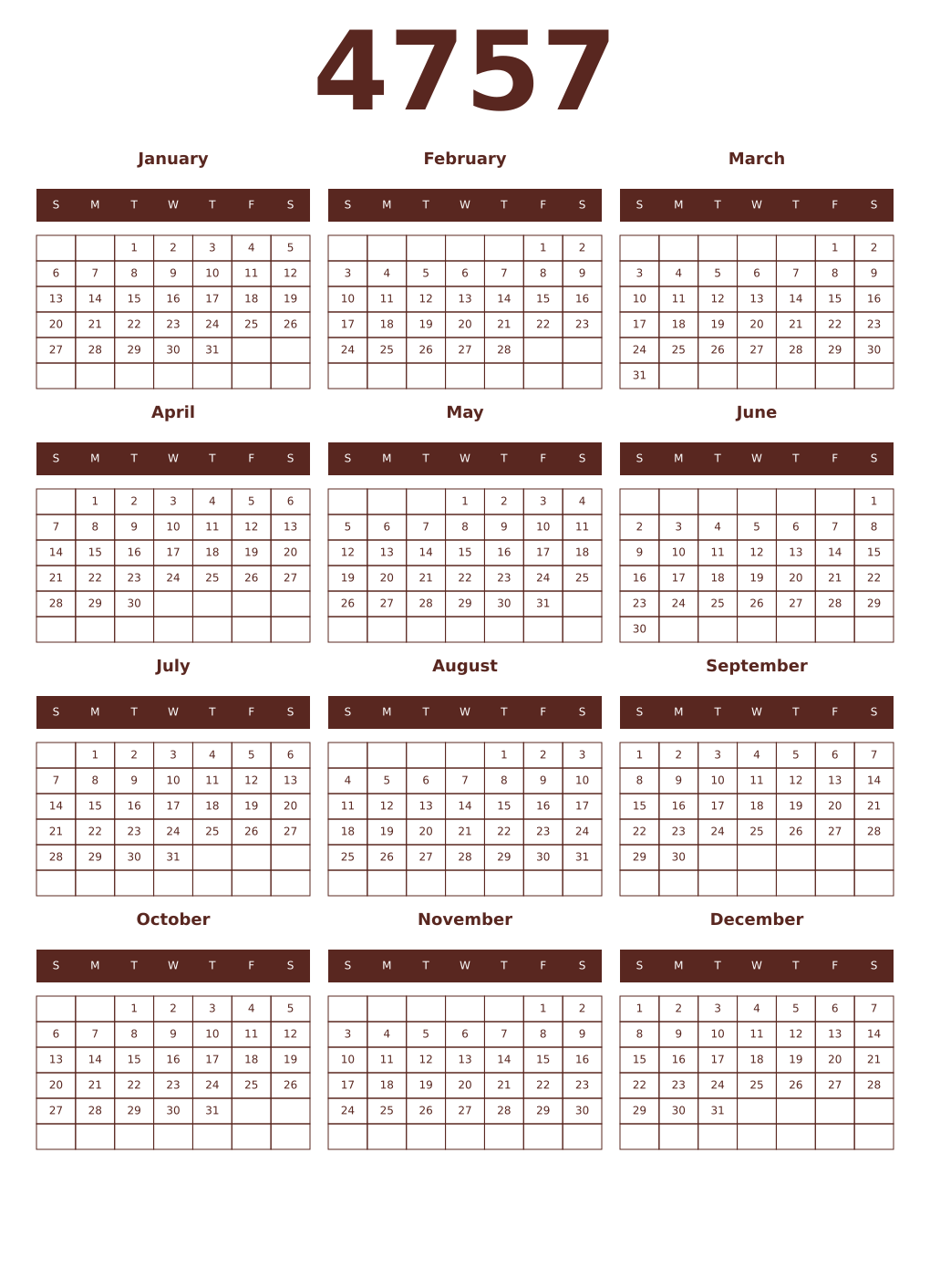 Printable 4757 Year Calendars mortuum
