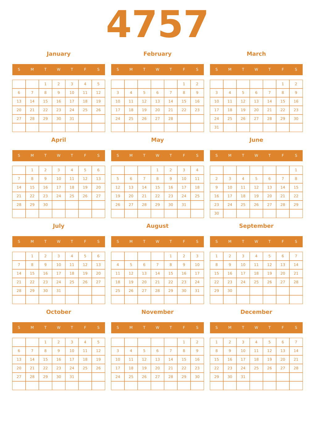 Printable 4757 Year Calendars orange