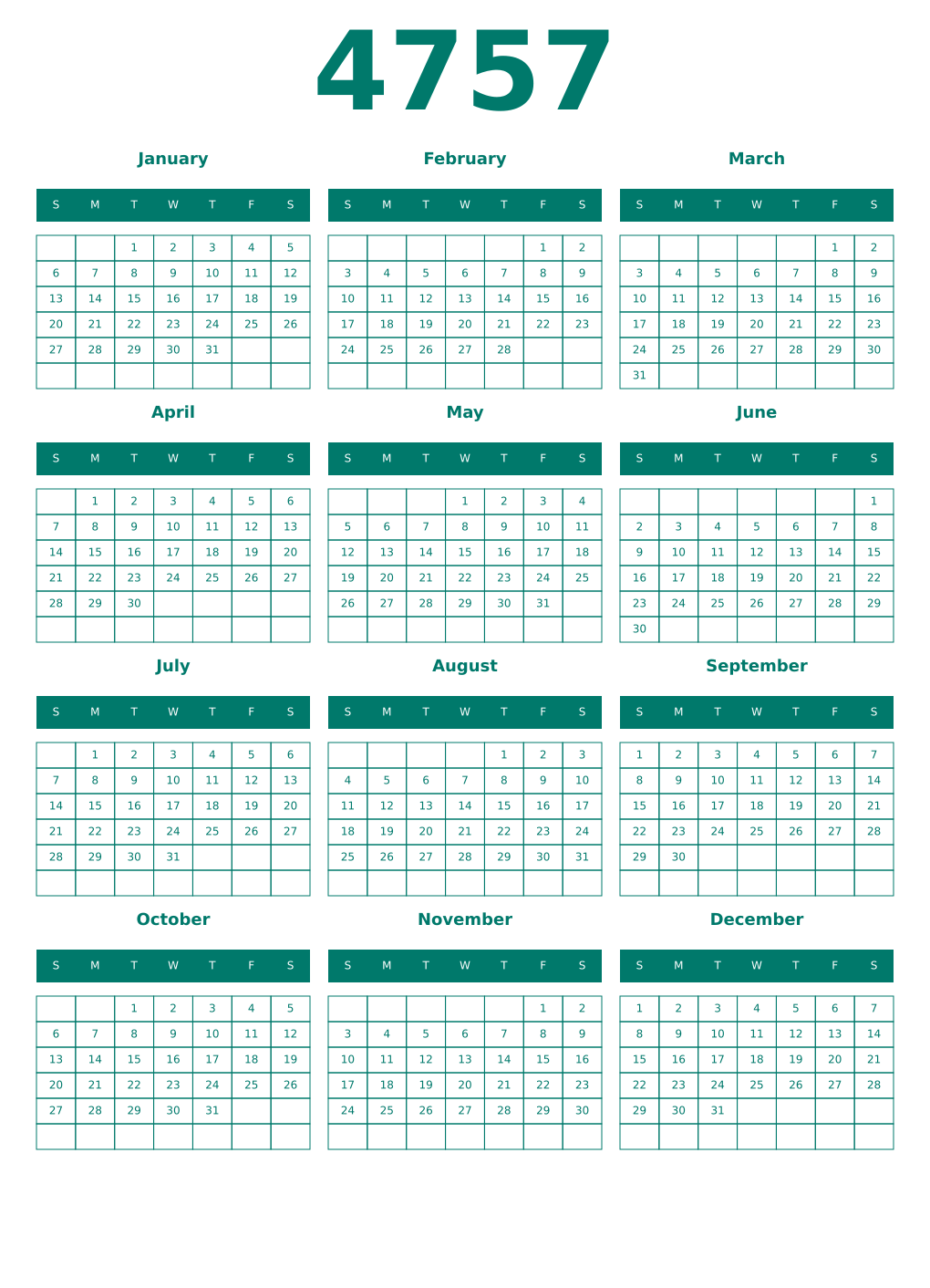 Printable 4757 Year Calendars pastel