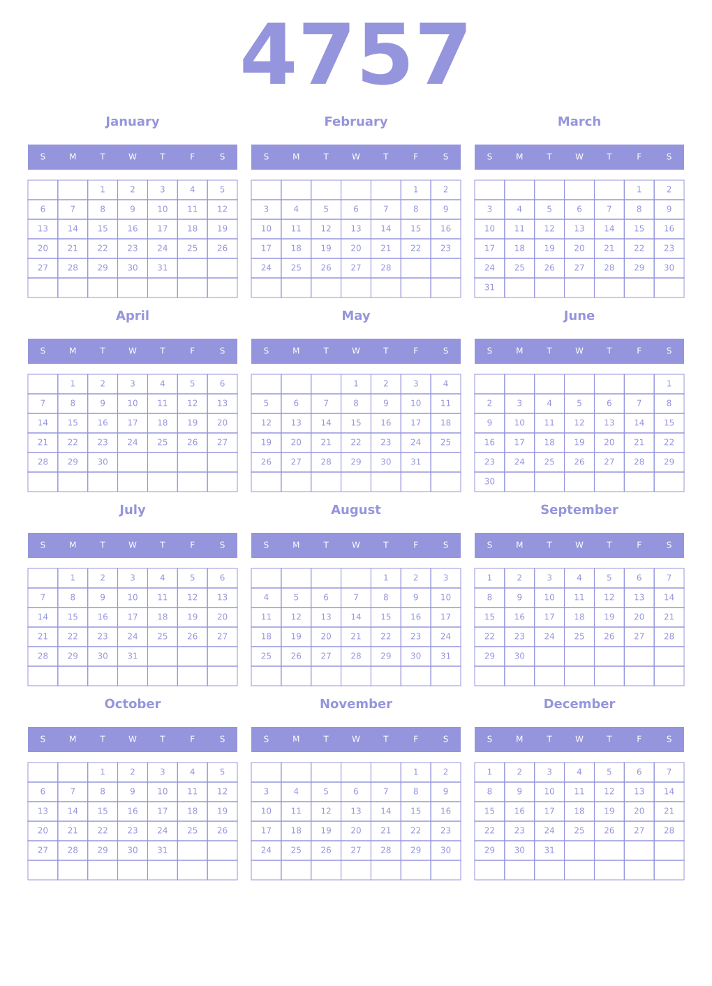 Printable 4757 Year Calendars periwinkle