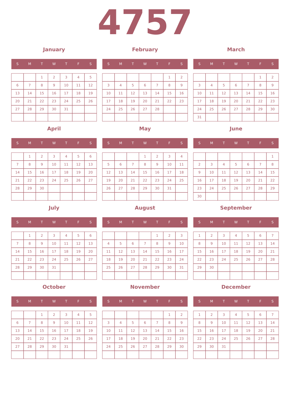 Printable 4757 Year Calendars puce