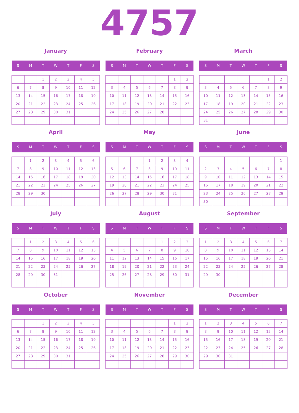 Printable 4757 Year Calendars purple