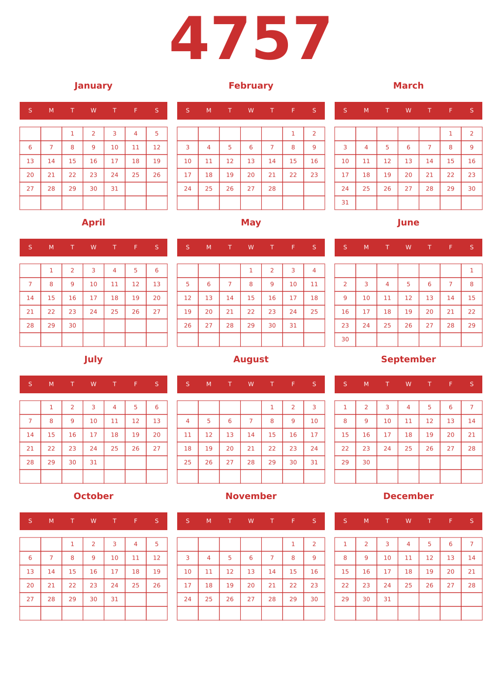 Printable 4757 Year Calendars red