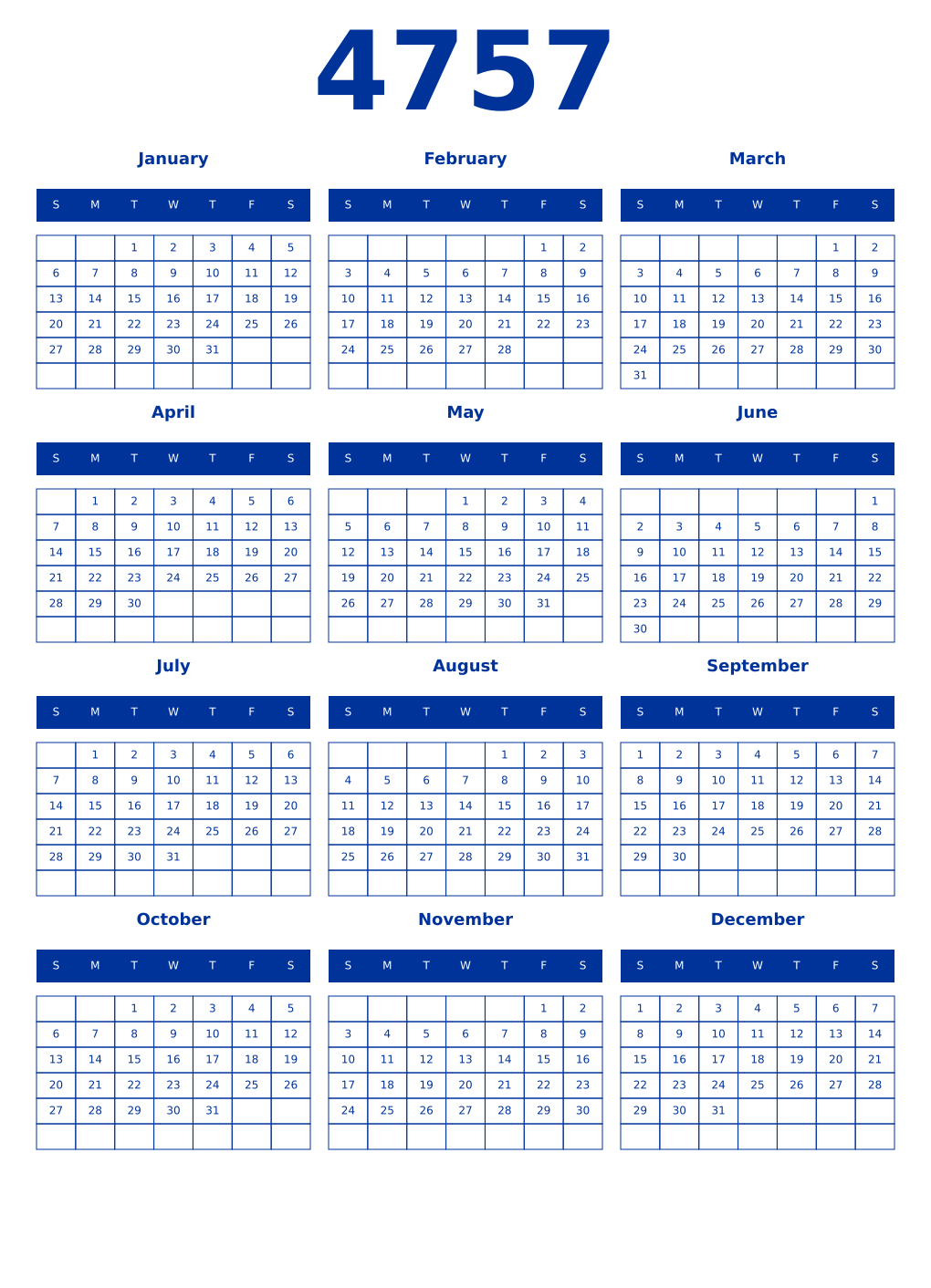 Printable 4757 Year Calendars smalt