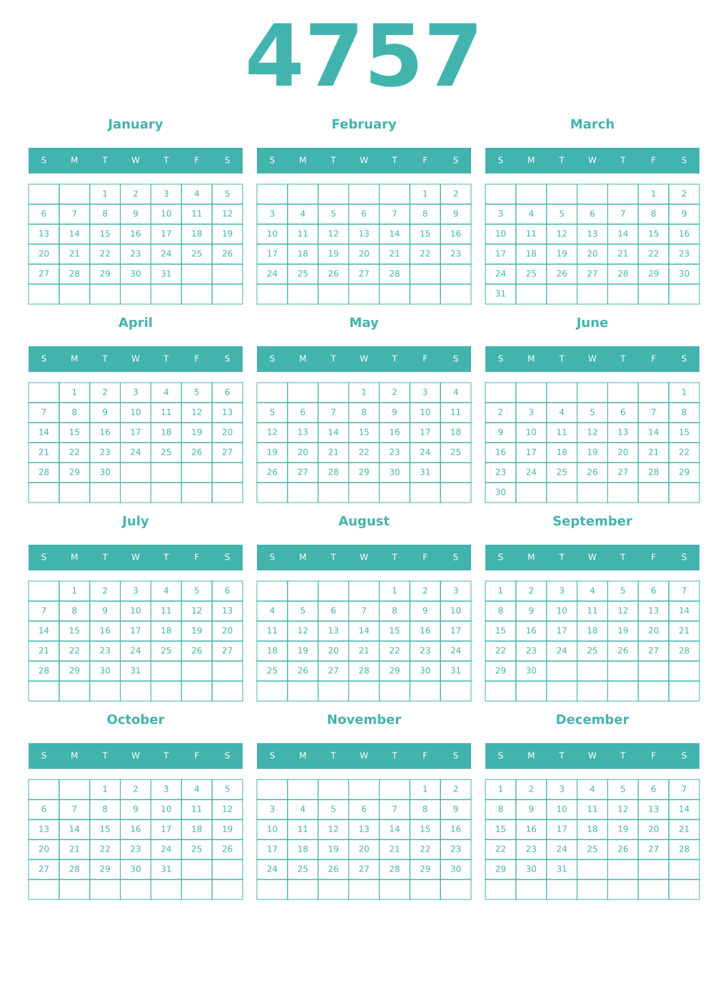 Printable 4757 Year Calendars verdigris