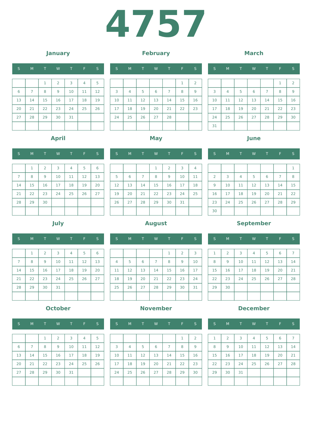 Printable 4757 Year Calendars viridian