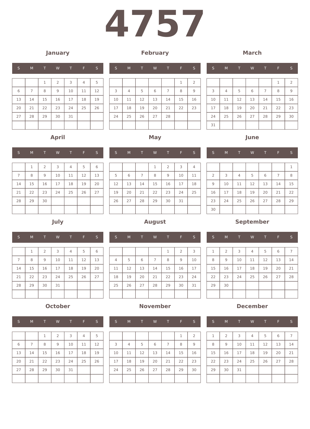Printable 4757 Year Calendars wenge
